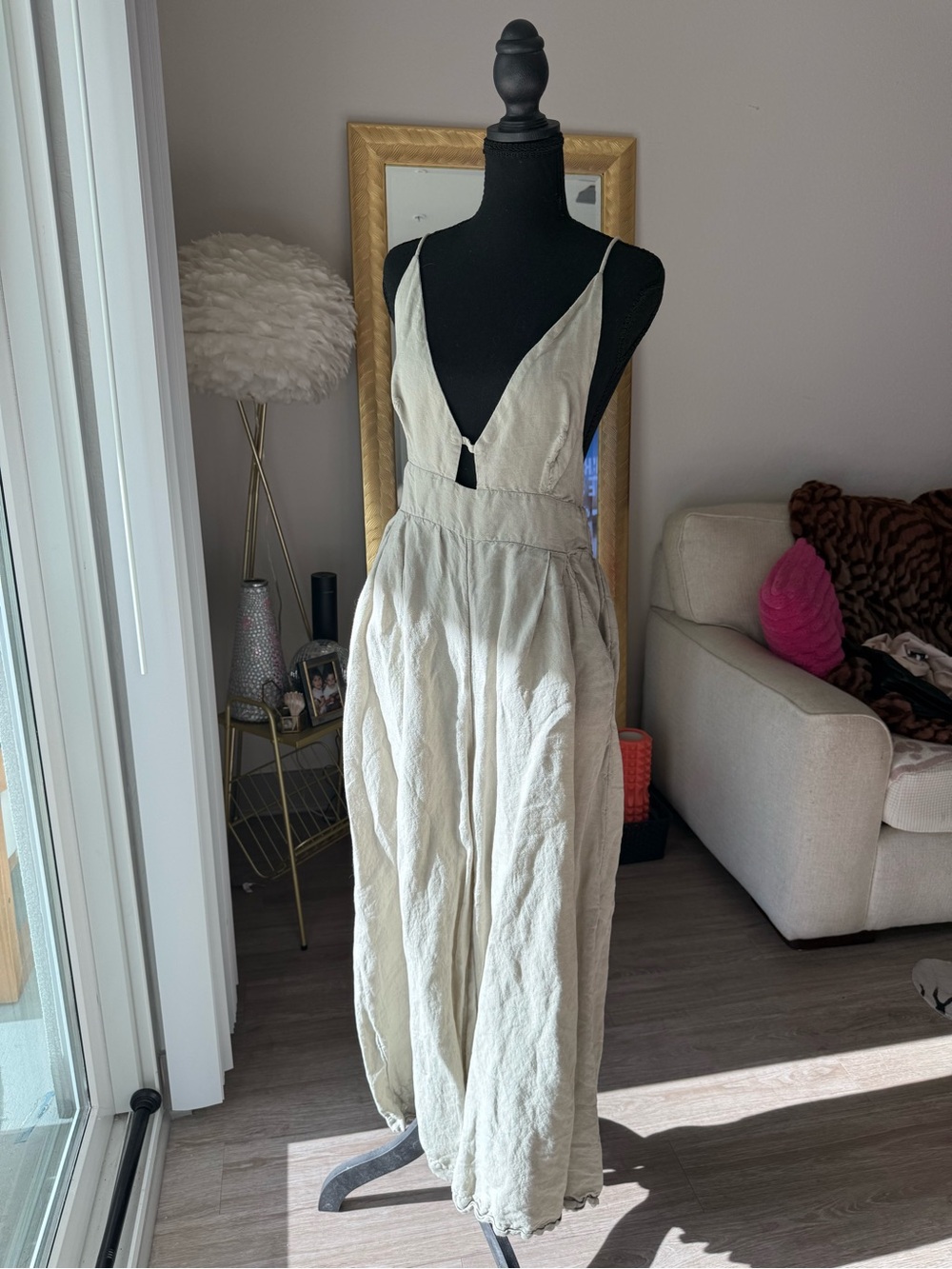 Free People Emma Linen Blend Wide Leg Jumpsuit in Alfalfa - Picture 5 of 8